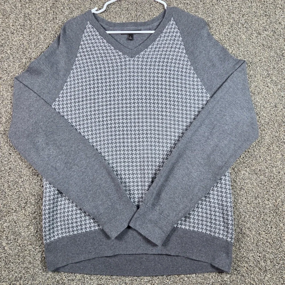 Banana Republic Sweater Men Large Gray Houndstooth V-Neck‎ Cotton Raglan 54023